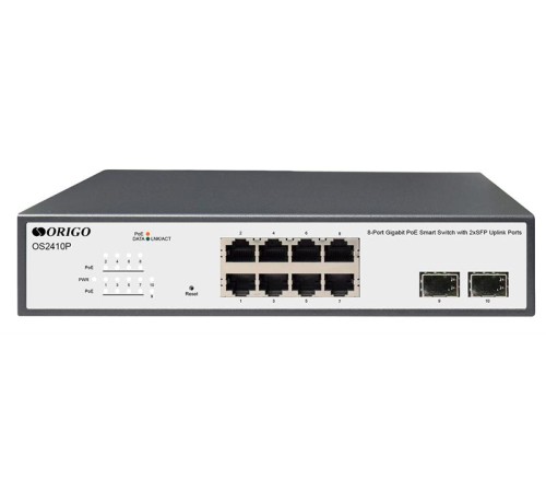 Коммутатор ORIGO Настраиваемый L2 PoE-коммутатор 8x1000Base-T PoE, 2x1000Base-X SFP, PoE-бюджет 120 Вт, комплект для установки в 19" стойку