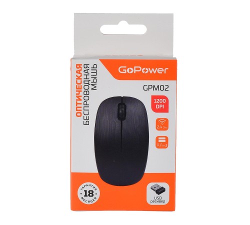 Мышь/ Мышь беспроводная GoPower GPM02 классическая USB черный (1/100) Мышь/ Мышь беспроводная GoPower GPM02 классическая USB черный (1/100)