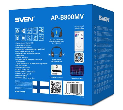 Беспроводные стереонаушники с микрофоном SVEN AP-B800MV, черный (Bluetooth, hybrid ANC, APP, 4 mics 500mAh)