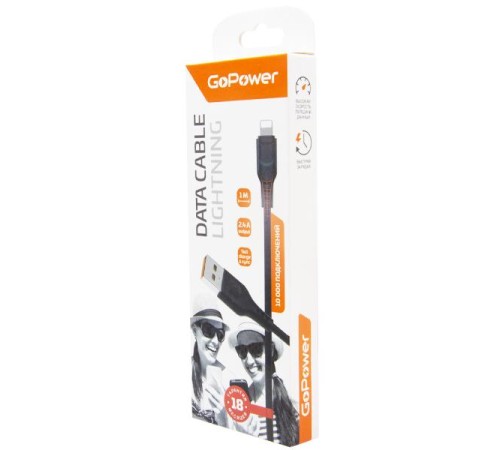 Кабель/ Кабель GoPower GP01L USB (m)-Lightning (m) 1.0м 2.4A ПВХ черный (1/800)