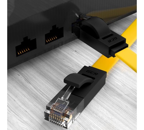 GCR Патч-корд PROF плоский прямой 5.0m, UTP медь кат.6, желтый+черный, 30 AWG, ethernet high speed 10 Гбит/с, RJ45, T568B, GCR-52096