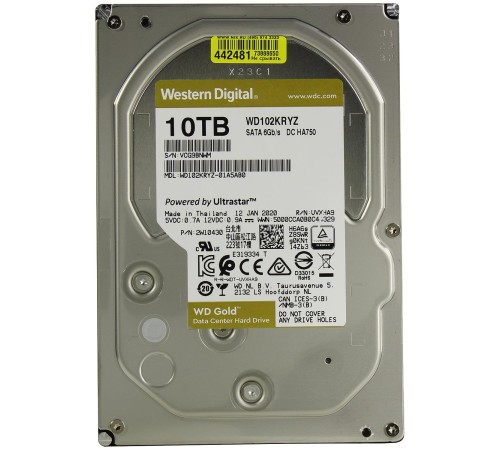 Жесткий диск/ HDD WD SATA3 10Tb Gold 7200 256mb  1 year warranty