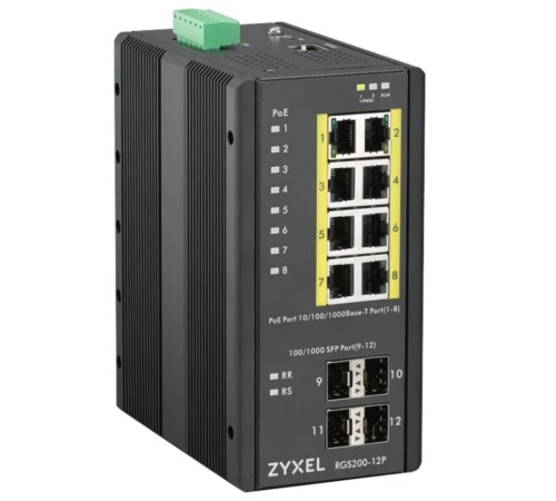 Коммутатор/ ZYXEL RGS200-12P, 12 Port managed PoE Switch, 240 Watt PoE, DIN Rail, IP30, 12-58V DC