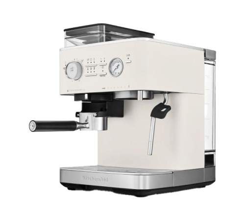 Полуавтоматическая кофемашина KitchenAid, давление 15 бар, 15 уровней помола, объем резервуара для воды 2.5 л, автоматический капучинатор, одновременное приготовление двух чашек, индикатор наличия зерен, индикация уровня воды, цвет фарфоровый белый Полуавтоматическая кофемашина KitchenAid, давление 15 бар, 15 уровней помола, объем резервуара для воды 2.5 л, автоматический капучинатор, одновременное приготовление двух чашек, индикатор наличия зерен, индикация уровня воды, цвет фарфоровый белый