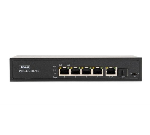 Коммутатор (4084) SKAT PoE-4E-1G-1S коммутатор PoE Plus, мощность 80Вт, порты: 4-Ethernet, 1-Uplink, 1-SFP