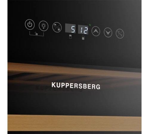 Винный шкаф KUPPERSBERG/ Винный шкаф KUPPERSBERG, встраиваемый, High-Tech, объем 129 л, вместимость 46 бутылок, диапазон температуры 5-22 градусов, сенсорное открытие двери, 4 полки из бука, LCD дисплей, уровень шума 40 дБ, цвет черный