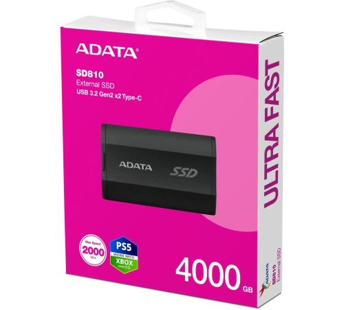Твердотельный накопитель/ ADATA External SSD SD810, 4000GB, Type-C, USB 3.2 Gen2х2, up to R/W 2000/2000 MB/s, 72.7x44x12.2mm, Black (5 лет) Твердотельный накопитель/ ADATA External SSD SD810, 4000GB, Type-C, USB 3.2 Gen2х2, up to R/W 2000/2000 MB/s, 72.7x44x12.2mm, Black (5 лет)