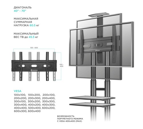 ONKRON мобильная стойка для ТВ и профессиональных дисплеев 40"-70", макс 45.5кг, чёрная TS1552 ONKRON мобильная стойка для ТВ и профессиональных дисплеев 40"-70", макс 45.5кг, чёрная TS1552