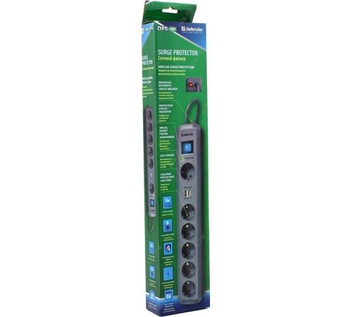 Сетевой фильтр Defender DFS 501 2,0м, 2 USB-порта, 6 розеток/ Surge Protector Defender DFS 501 2,0м, 2 USB-ports, 6 outlets