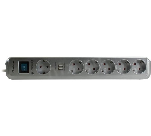 Сетевой фильтр Defender DFS 501 2,0м, 2 USB-порта, 6 розеток/ Surge Protector Defender DFS 501 2,0м, 2 USB-ports, 6 outlets
