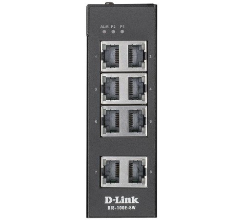 Коммутатор/ DIS-100E-8W Unmanaged Industrial Switch 8x100Base-TX, Surge 2KV, Alarm relay, DIN-Rail, metal case IP30, -40 to 75°C, only DC power, w/o power supply