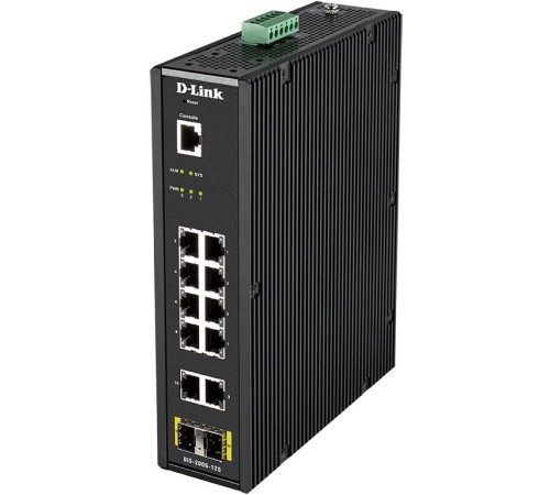 Коммутатор/ DIS-200G-12S Managed L2 Industrial Switch 10x1000Base-T, 2x1000Base-X SFP, Surge 6KV, CLI, RJ45 Console, Alarm relay, Dying Gasp, DIN-Rail, metal case IP30, -40 to 65°C, w/o power adapter