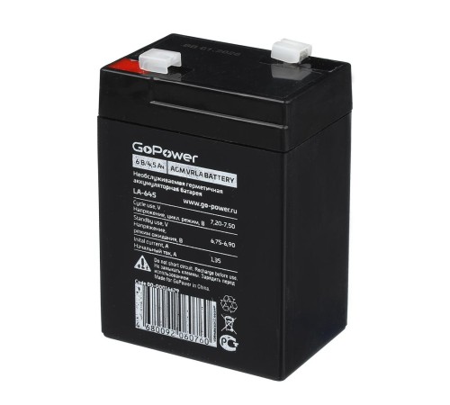 Аккумулятор свинцово-кислотный GoPower LA-645 6V 4.5Ah (1/20) Аккумулятор свинцово-кислотный GoPower LA-645 6V 4.5Ah (1/20)
