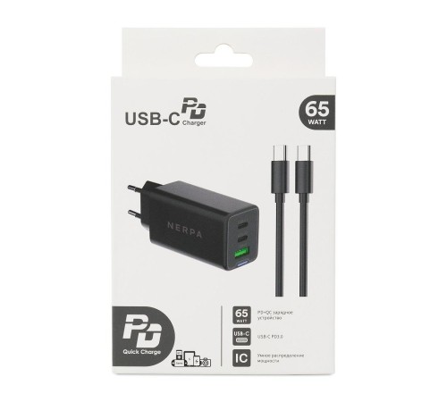 Сетевое зарядное устройство 220В/ Зарядное устройство NERPA PD333CBX 65W GaN PD+QC3.0, 2xUSB-C, 1xUSB-A, USB-C - USB-C 100W cable 1.5m black, EU plug, BOX Сетевое зарядное устройство 220В/ Зарядное устройство NERPA PD333CBX 65W GaN PD+QC3.0, 2xUSB-C, 1xUSB-A, USB-C - USB-C 100W cable 1.5m black, EU plug, BOX