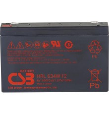 Батарея CSB серия HRL, HRL634W F2 FR, напряжение 6В, емкость 8.5Ач (разряд 20 часов), 34 Вт/Эл при 15-мин. разряде до U кон. - 1.67 В/Эл при 25 °С, макс. ток разряда (5 сек.) 130А, ток короткого замыкания 380А, макс. ток заряда 3.4A, свинцово-кислотная ти