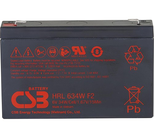 Батарея CSB серия HRL, HRL634W F2 FR, напряжение 6В, емкость 8.5Ач (разряд 20 часов), 34 Вт/Эл при 15-мин. разряде до U кон. - 1.67 В/Эл при 25 °С, макс. ток разряда (5 сек.) 130А, ток короткого замыкания 380А, макс. ток заряда 3.4A, свинцово-кислотная ти Батарея CSB серия HRL, HRL634W F2 FR, напряжение 6В, емкость 8.5Ач (разряд 20 часов), 34 Вт/Эл при 15-мин. разряде до U кон. - 1.67 В/Эл при 25 °С, макс. ток разряда (5 сек.) 130А, ток короткого замыкания 380А, макс. ток заряда 3.4A, свинцово-кислотная ти