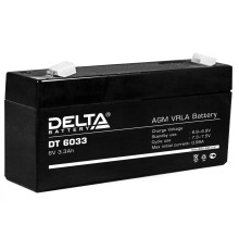 Батарея DELTA серия DT, DT 6033, напряжение 6В, емкость 3.3Ач (разряд 20 часов),  макс. ток разряда (5 сек.) 50А, макс. ток заряда 0.99А, свинцово-кислотная типа AGM, клеммы F1, ДxШxВ 134х34х61мм., вес 0.65кг., срок службы 5 лет./ Battery DELTA series DT,