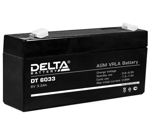 Батарея DELTA серия DT, DT 6033, напряжение 6В, емкость 3.3Ач (разряд 20 часов),  макс. ток разряда (5 сек.) 50А, макс. ток заряда 0.99А, свинцово-кислотная типа AGM, клеммы F1, ДxШxВ 134х34х61мм., вес 0.65кг., срок службы 5 лет./ Battery DELTA series DT,