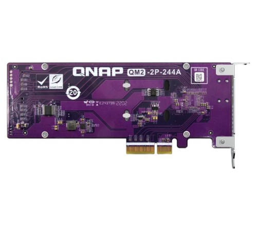 Плата расширения/ QNAP QM2-2P-244A 2 x M.2 22110 or 2280 PCIe (Gen2 x 4) NVMe SSD slots  expansion card, Low-profile bracket pre-loaded, Low-profile flat and Full-height are bundled (shorter version to support TVS-x82/TS-x77 PCIe slot 2 & slot 3)