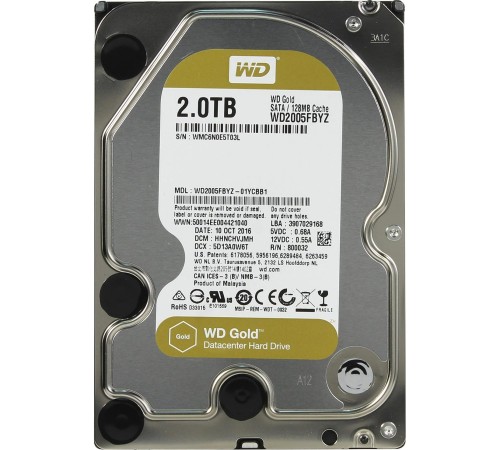 Жесткий диск/ HDD WD SATA3 2Tb Gold 7200 128mb 1 year warranty