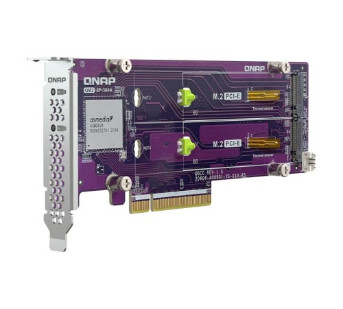 Плата расширения/ QNAP QM2-2P-384A 2 x M.2 22110 or 2280 PCIe (Gen3 x8) NVMe SSD slots. Low-profile flat and Full-height brackets included.