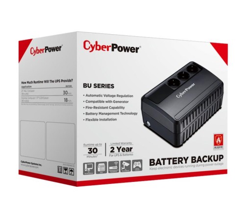 ИБП CyberPower BU725E, Line-Interactive, 725VA/390W, 3 Schuko розетки, Black, 0.15х0.15х0.2м., 5кг./ UPS Line-Interactive CyberPower BU725E 725VA/390W (3 EURO)