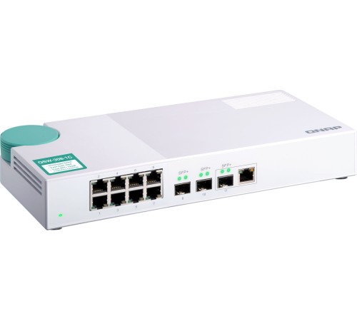 Коммутатор/ QNAP QSW-308-1C Unmanaged 10 Gb / s switch with 3 SFP + ports, of which 1 is combined with RJ-45, and 8 1 Gb / s RJ-45 ports, bandwidth up to 76 Gb / s, support JumboFrame
