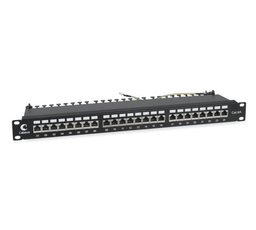 патч-панель Cabeus PL-24-Cat.6a-SH-Dual IDC Патч-панель 19" (1U), 24 порта RJ-45, категория 6a, полностью экранированная, с задним кабельным организатором