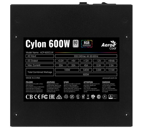 Блок питания Aerocool 600W Retail Cylon 600W, ATX v2.4, сертификат 80+, 13 режимов RGB-подсветки, 20+4P x1, 4+4P x1, PCIe 6+2P x2, PATA x3, SATA x5 Блок питания Aerocool 600W Retail Cylon 600W, ATX v2.4, сертификат 80+, 13 режимов RGB-подсветки, 20+4P x1, 4+4P x1, PCIe 6+2P x2, PATA x3, SATA x5
