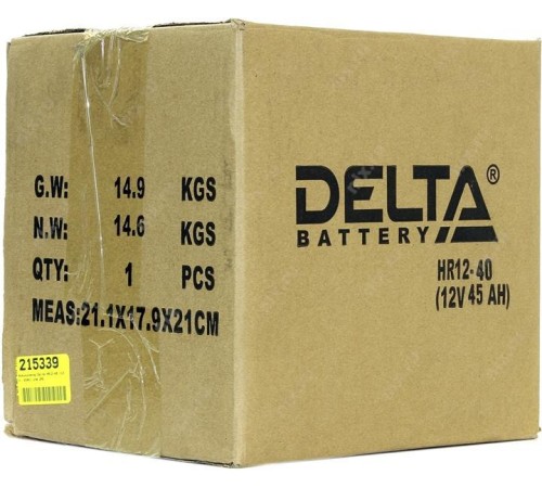 Батарея DELTA серия HR, HR 12-40, напряжение 12В, емкость 45Ач (разряд 10 часов),  макс. ток разряда (5 сек.) 450А, макс. ток заряда 12А, свинцово-кислотная типа AGM, клеммы под болт М6, ДxШxВ 198х166х170мм., вес 14.8кг., срок службы 10-12 лет./ Battery D