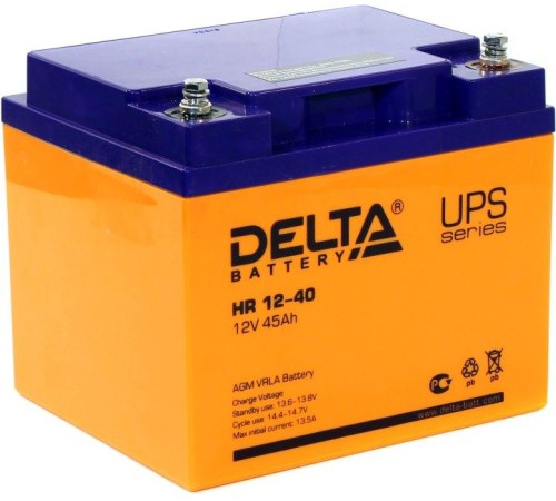 Батарея DELTA серия HR, HR 12-40, напряжение 12В, емкость 45Ач (разряд 10 часов),  макс. ток разряда (5 сек.) 450А, макс. ток заряда 12А, свинцово-кислотная типа AGM, клеммы под болт М6, ДxШxВ 198х166х170мм., вес 14.8кг., срок службы 10-12 лет./ Battery D