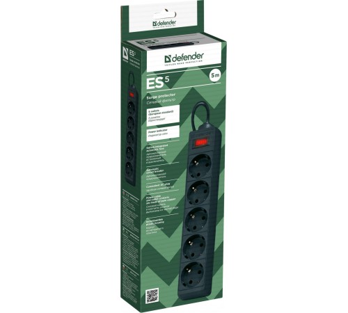 Сетевой фильтр Defender ES 5 5 м, черный, 5 розеток/ Surge Protector Defender ES 5 5m, black, 5 outlets Сетевой фильтр Defender ES 5 5 м, черный, 5 розеток/ Surge Protector Defender ES 5 5m, black, 5 outlets