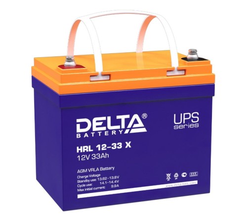 Батарея DELTA серия HRL-X, HRL 12-33 X, напряжение 12В, емкость 33Ач (разряд 10 часов),  макс. ток разряда (5 сек.) 330А, макс. ток заряда 9.9А, свинцово-кислотная типа AGM, клеммы под болт М6, ДxШxВ 195х130х155мм., вес 11.2кг., срок службы 12 лет./ Batte