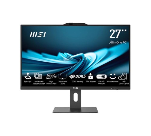 Моноблок MSI Pro AP272P 14M AiO 27" FHD (1920x1080)IPS AG Non-touch, Core i3-14100 (3.5GHz), 8Gb DDR5(1x8Gb), 256GB SSD M.2, Intel UHD, WiFi, BT,camera, WirelessKB&mouse Eng/Rus,No OS,1y war-ty, Black