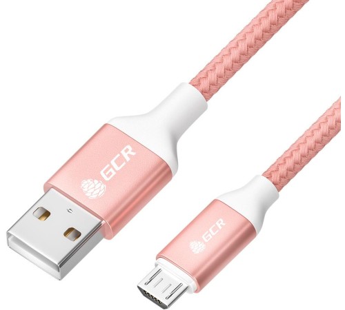 GCR QC Кабель 1.5m MicroUSB, быстрая зарядка, розовый нейлон, AL корпус розовый, белый ПВХ, 28/24 AWG, GCR-52474