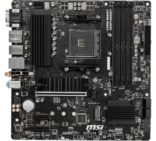 Материнская плата/ MB MSI AMD B550 sAM4, 4xDDR4(128GB), D-SUB/HDMI 2.1/DP, 1xPCIe 4.0x16, 2xPCIe 3.0, 1xLAN, Wi-Fi, BT, 4xSATA 6Gb/s, 2xM.2, 4xUSB 3.2, 2xUSB 2.0, 1xPS/2, mATX Материнская плата/ MB MSI AMD B550 sAM4, 4xDDR4(128GB), D-SUB/HDMI 2.1/DP, 1xPCIe 4.0x16, 2xPCIe 3.0, 1xLAN, Wi-Fi, BT, 4xSATA 6Gb/s, 2xM.2, 4xUSB 3.2, 2xUSB 2.0, 1xPS/2, mATX