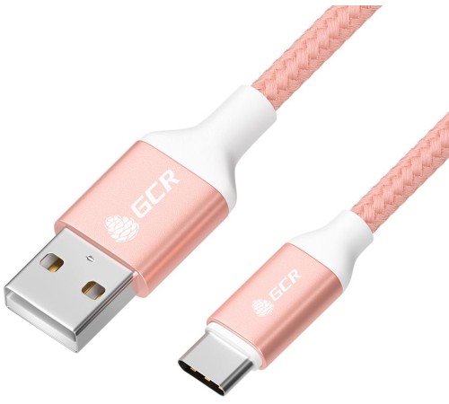 GCR QC Кабель 1.0m, TypeC, быстрая зарядка, розовый нейлон, AL корпус розовый, белый ПВХ, 28/24 AWG, GCR-52509