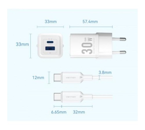 Набор для зарядки Vention з/у GaN 30W 2 порта USB (C + A) и кабель USB-C 3А Чёрный, шт. Набор для зарядки Vention з/у GaN 30W 2 порта USB (C + A) и кабель USB-C 3А Чёрный, шт.