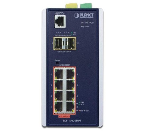 коммутатор/ PLANET IP30 L2+ SNMP Manageable 8-Port Gigabit POE+(AT) Switch + 2-Port Gigabit SFP Industrial Switch (-40 to 75 C), ERPS Ring Supported, 1588
