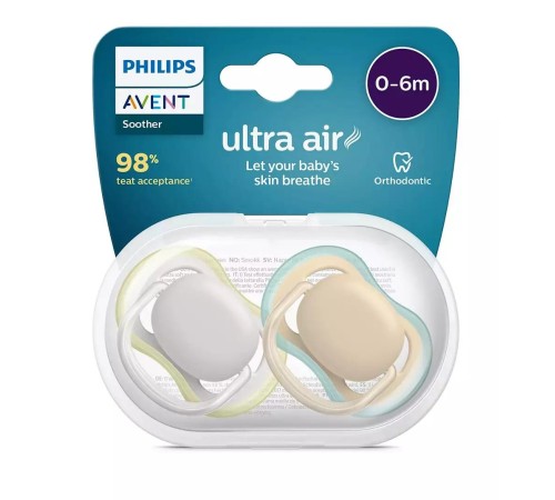 Пустышка Philips/ Пустышка ultra air, Серая/Персиковая без рисунков, 0-6 мес, 2 шт, для мальчиков и девочек