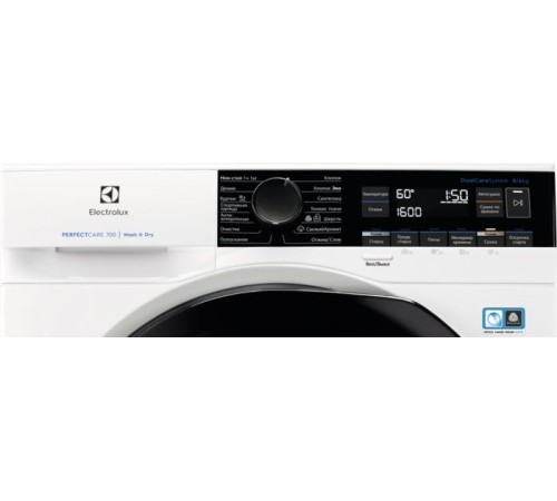 Стиральные машины с функцией сушки ELECTROLUX/ Фронтальная загрузка, стирка 8 кг / сушка 6 кг, отжим 1600 об/мин, классы A/A, глубина 60 см, средний ЖК дисплей, инверторный двигатель, конденсационная сушка, разглаживание и освежение белья при помощи пара,
