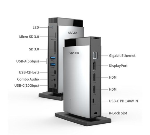 док-станция Docking Station WAVLINK USB-C PD3.1 Triple Display/140W PowerDelivery/2xUSB3.0/1xUSB C/1xDP 1.4/2xHDMI 2.1/1xGigabit LAN/1xAudio In/Out/1xSD/Micro SD CardReader/ no AC-Adapter included
