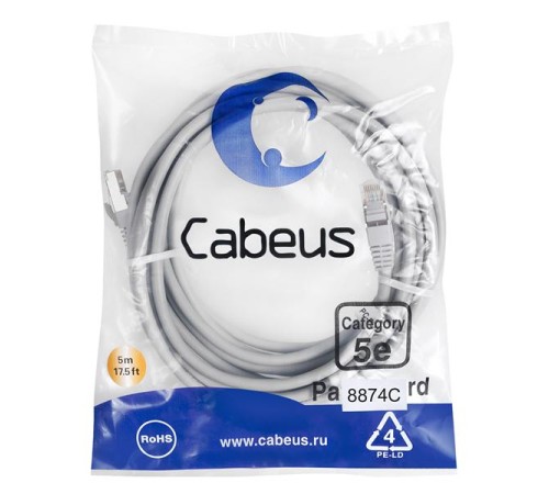 Cabeus PC-FTP-RJ45-Cat.5e-5m-LSZH Патч-корд F/UTP, категория 5е, 2xRJ45/8p8c, экранированный, серый, LSZH, 5м Cabeus PC-FTP-RJ45-Cat.5e-5m-LSZH Патч-корд F/UTP, категория 5е, 2xRJ45/8p8c, экранированный, серый, LSZH, 5м