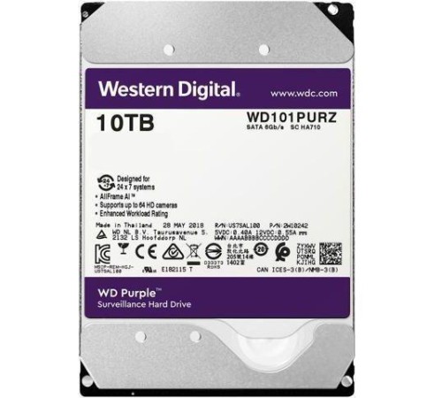 Жесткий диск/ HDD WD SATA3 10Tb Purple DV&NVR 7200 256Mb  1 year warranty