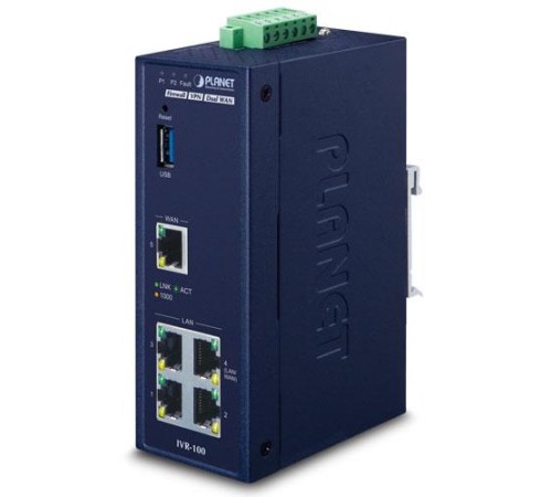шлюз/ PLANET IVR-100 Industrial 5-Port 10/100/1000T VPN Security Gateway: Dual-WAN Failover and Load Balancing, Cyber Security, SPI Firewall, Content Filtering, DoS Attack Prevention, Port Range Forwarding, SSL VPN and robust hybrid VPN (IPSec/GRE/PPTP/L2