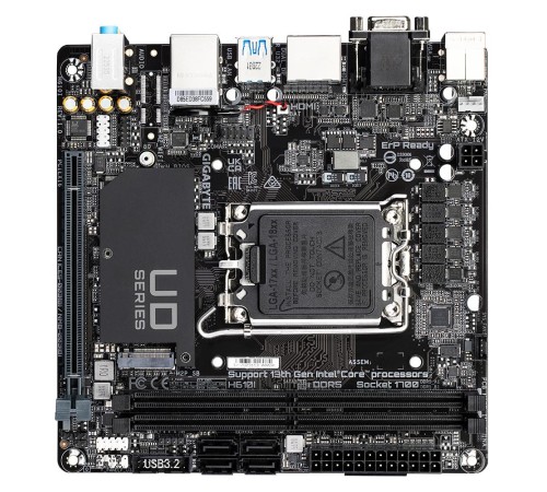 Материнская плата/ MB GIGABYTE INTEL H610 s1700, 2xDDR5(64GB), D-SUB/HDMI 2.1/2xDP, 1xPCIe 4.0x16, 1xLAN, 4xSATA 6Gb/s, 1xM.2, 2xUSB 3.2, 4xUSB 2.0, mini ITX