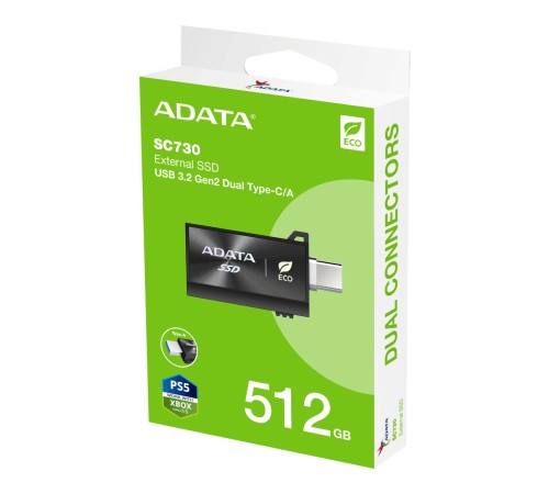 Твердотельный накопитель/ ADATA External SSD SC730, 512GB, Type-C, Type-A, USB 3.2 Gen2, R/W 600/600 MB/s, 36.8x23.8x9.7mm, Black (5 лет)