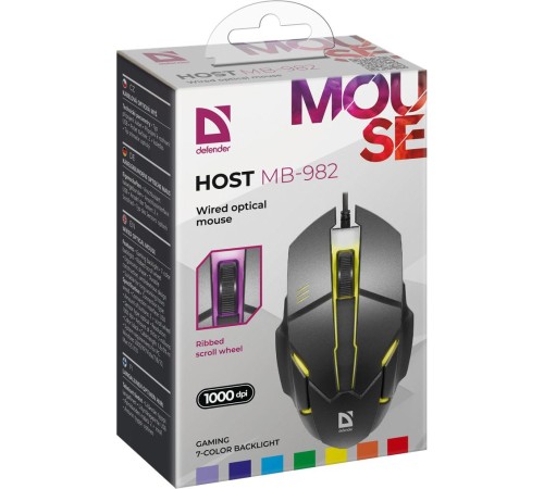 Defender Проводная оптическая мышь Host MB-982 7цветов,1000 dpi,черный