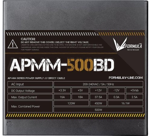 Блок питания Formula V Line APMM-500BD, 500W, ATX3.1/PCIe5.1, APFC, 80+ Bronze, 12cm Fan Блок питания Formula V Line APMM-500BD, 500W, ATX3.1/PCIe5.1, APFC, 80+ Bronze, 12cm Fan