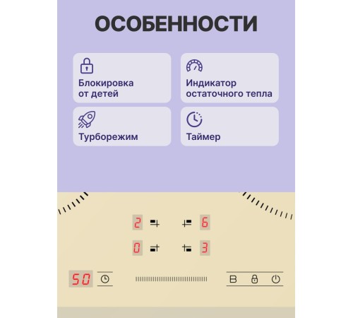 Индукционная варочная поверхность Midea/ MDK/Индукционная варочная поверхность, ширина 60 см, 4 индукционные зоны, функция Booster, сенсорное управление Slider Control, 9 уровней мощности, таймер, индикаторы остаточного тепла, технология Inverter, функция